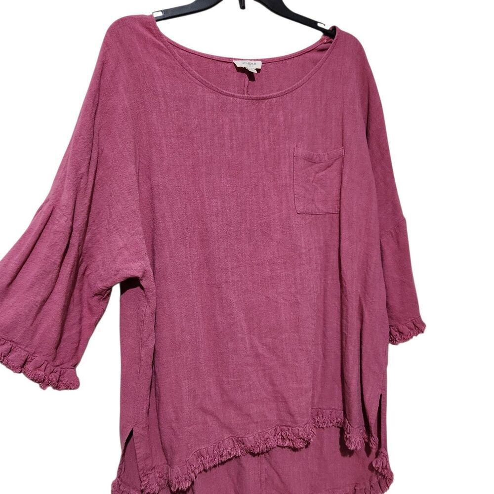 Umgee Womens Tunic Top Linen Blend Size Medium Pink Hi-Low Fringed Hem.